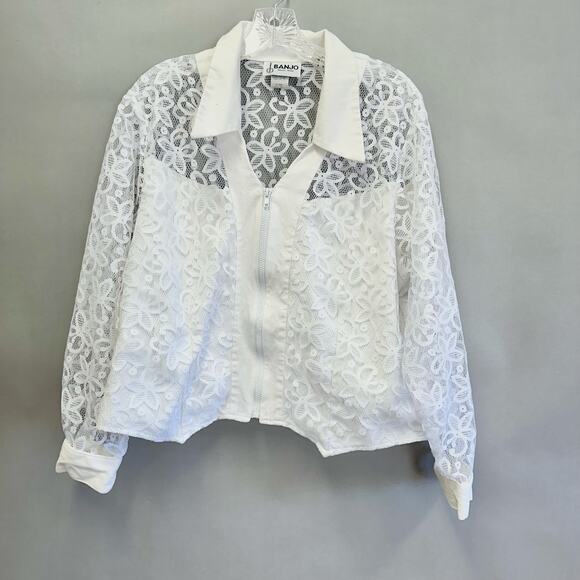 Vintage 90s Banjo poplin and lace western zip up shirt size 1X - Picture 2 of 15